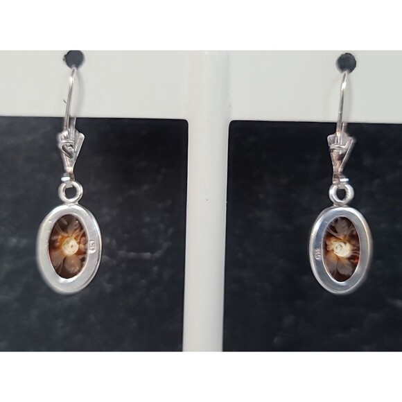 925 Sterling Silver Floral Resin Dangling Pierced Earrings Vintage - Picture 8 of 10